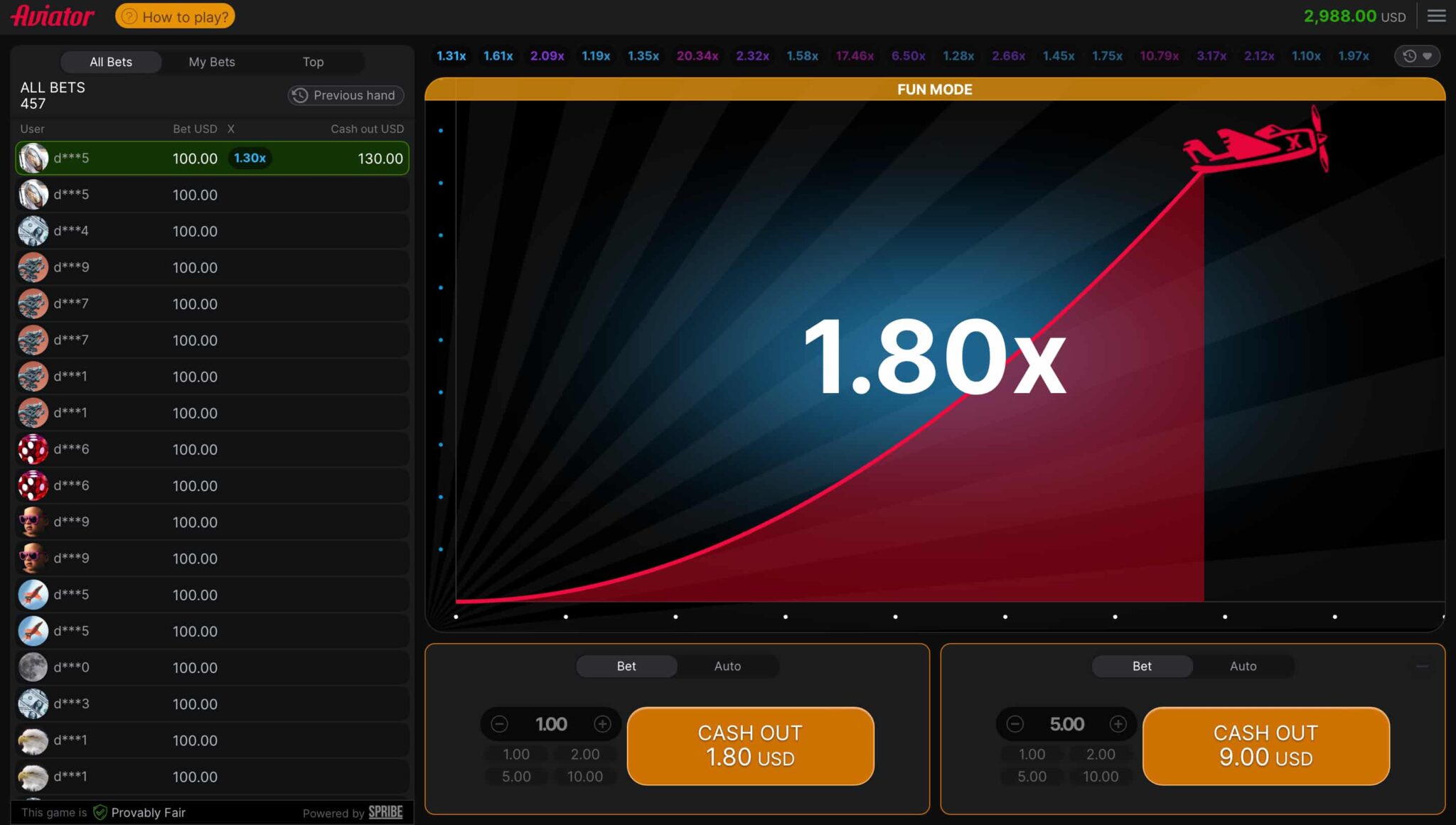 Interface du jeu Aviator